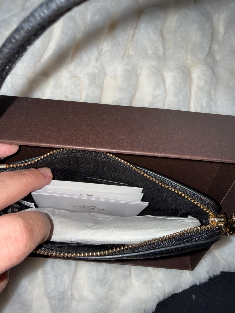 Coach Black Pebbled Leather Wristlet with Gold Logo - Picture 3 of 4